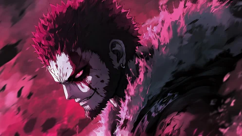 Anime portrait with crimson energy plume and dynamic chiaroscuro.