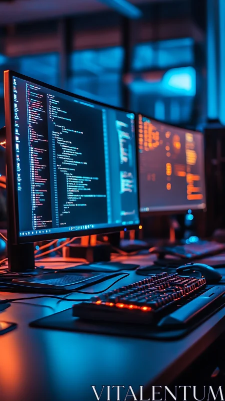 Dual coding workstations in neon blue and orange light.