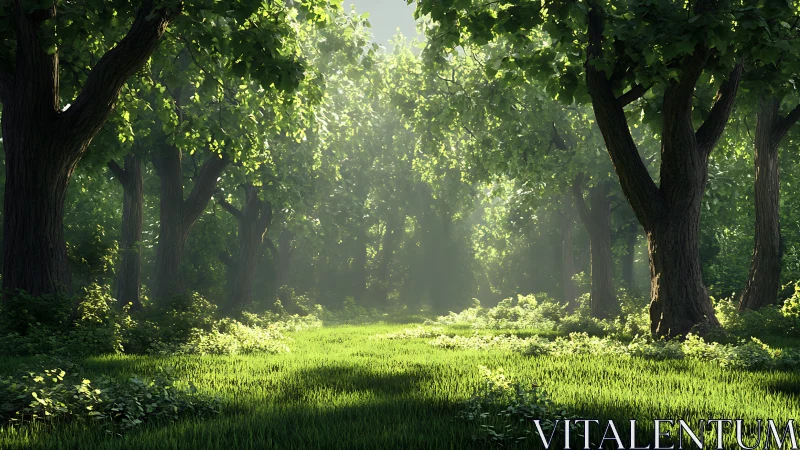 Ancient Forest Corridor: Luminous Canopy and Verdant Ground.