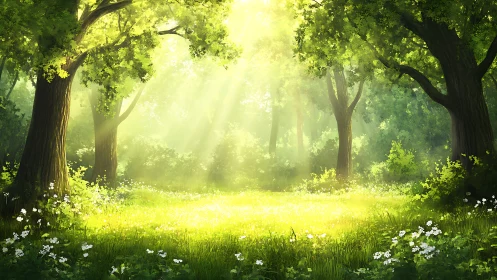 Sunlit forest clearing with trees, grass and wildflowers.