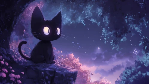 Curious moonlit black cat dreaming over a glowing valley.