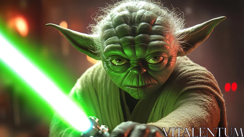 Jedi master in combat stance under cinematic neon glow