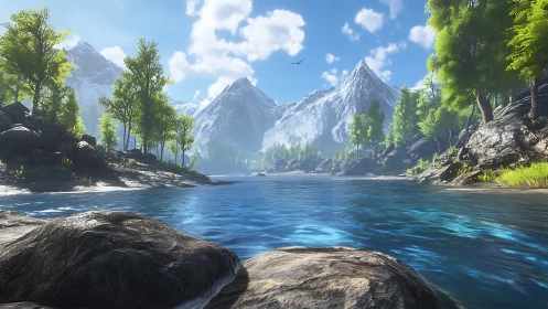 Alpine Valley with Glaciated Peaks and Crystalline River