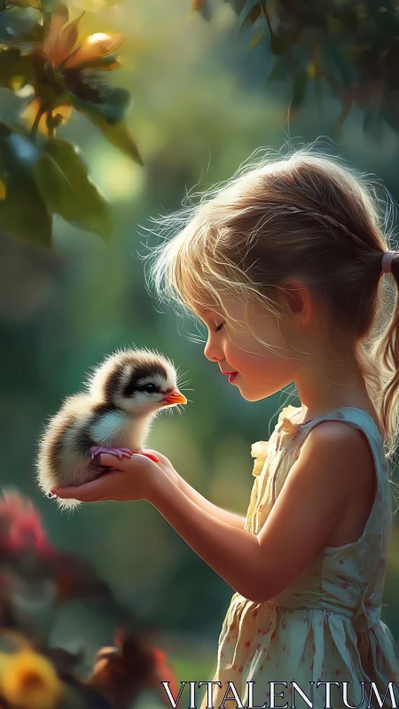 Young girl holds duckling in soft-focus outdoor setting