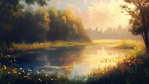 Sunlit forest pond with wildflower banks at golden hour.