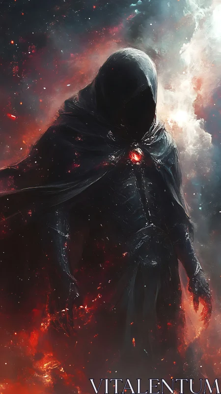 Shrouded cosmic mage drifts through fire and starlit mist