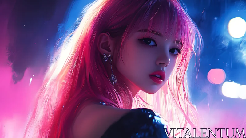 Pink haired woman rendered in neon backlit digital portrait