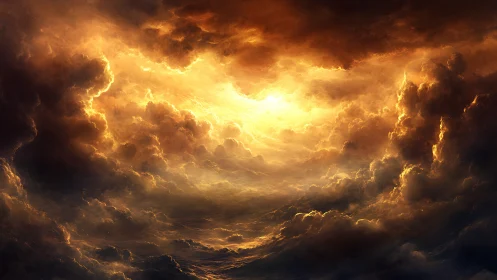 Golden stormlit clouds opening into a radiant sky.