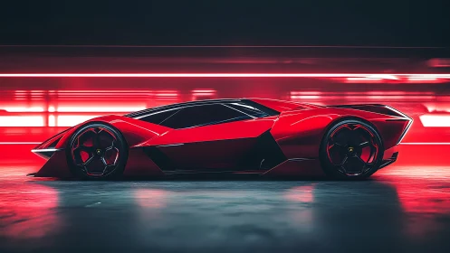 Aerodynamic crimson hypercar in high-velocity tunnel simulation.