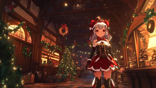 Anime girl in festive Christmas tavern interior scene.