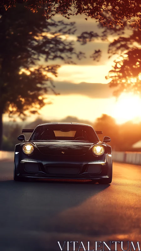 Sunlit frontal view of black sports coupe on empty roadway.