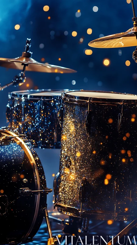 Sparkling drum kit closeup on stage under concert lights.