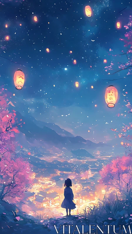 Girl watches lanterns drift above a glowing valley town