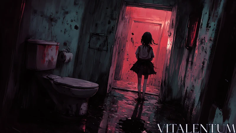 Crimson doorway lures a lone girl through a rotting corridor