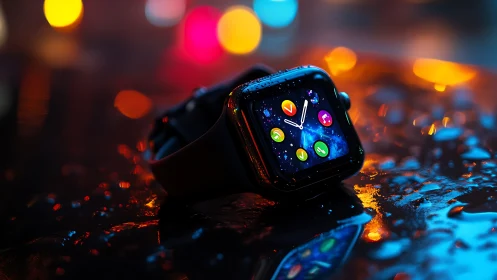Colorful smart watch glowing softly on a rainy night street.