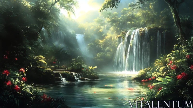 Luminous tropical waterfall basin rendered in cinematic digital painting
