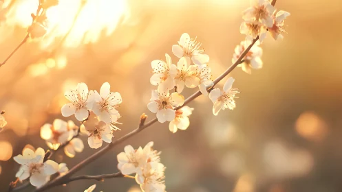 Soft peach blossoms bathed in warm golden sunlight glow.