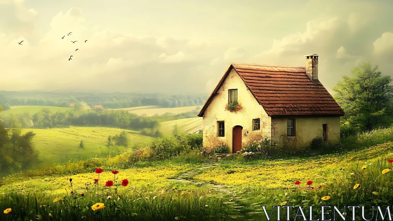 Country cottage in yellow meadow under hazy daylight.