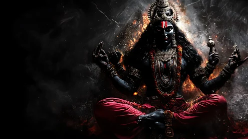 Fierce midnight goddess crowned in embers and scarlet calm.