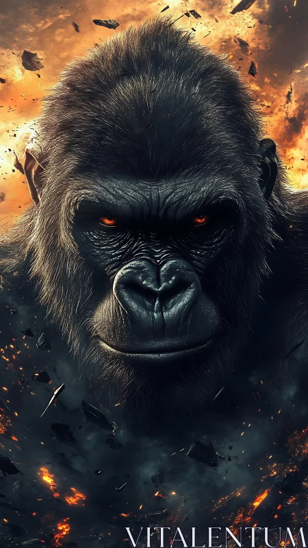 Inferno-eyed gorilla king emerging from cosmic embers.