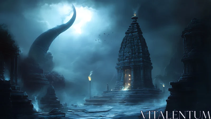 Moonlit temple rises over foggy ruins under colossal horn