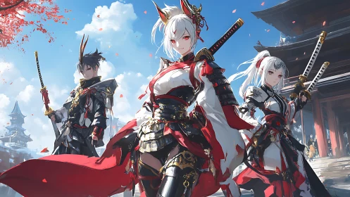 Crimson foxblade samurai trio under drifting sakura skies.