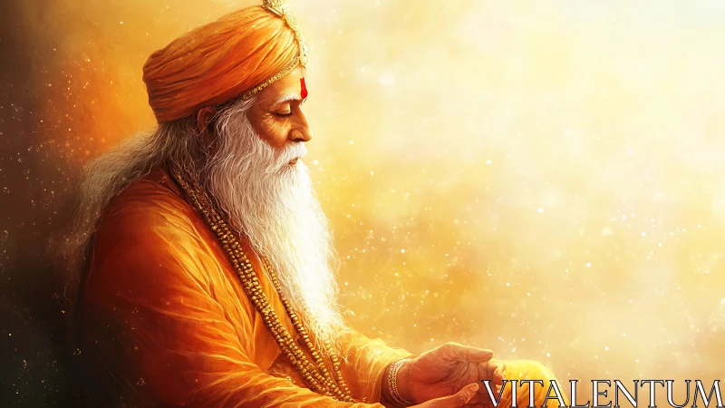 Golden quietude with a serene sage in gentle meditation.