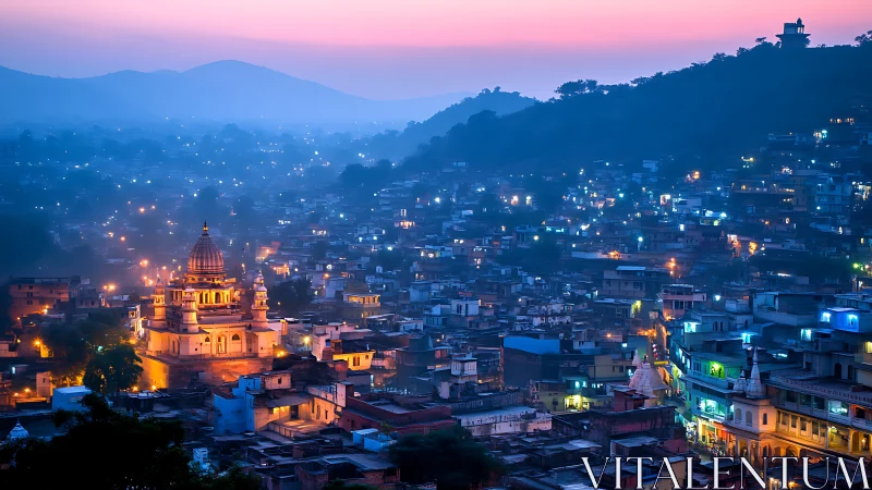 Temple glow curls through a misty valley of waking lights