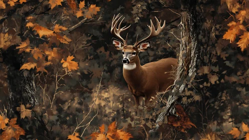 Whitetail buck standing alert in dense autumn woodland.