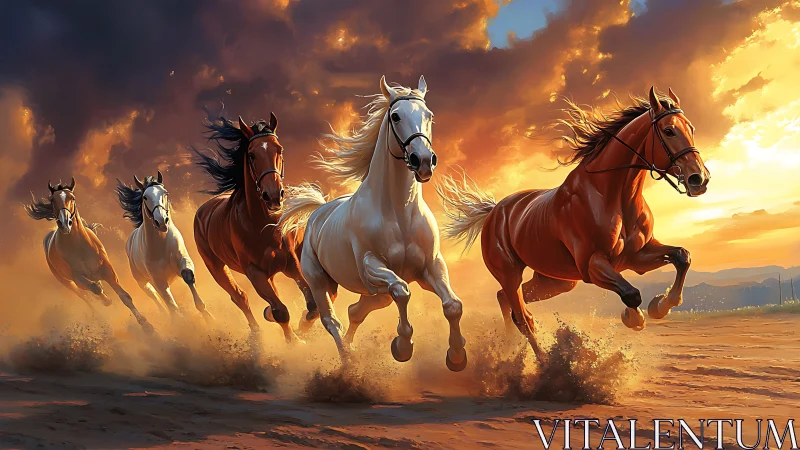 Sunfire stampede of desert horses racing through dusk skies.