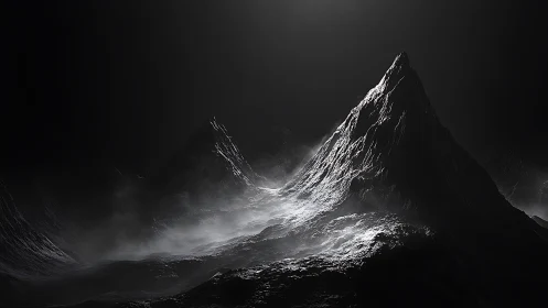 Monochrome mountain peak emerges from shadowed mist