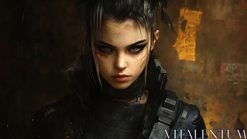 Cyberpunk warrior portrait with intense neon-lit gaze.