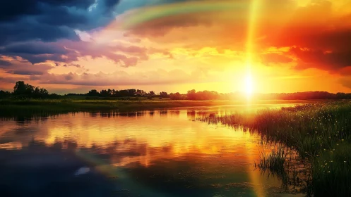 Sunflare river mirror under storm-kissed rainbow clouds.