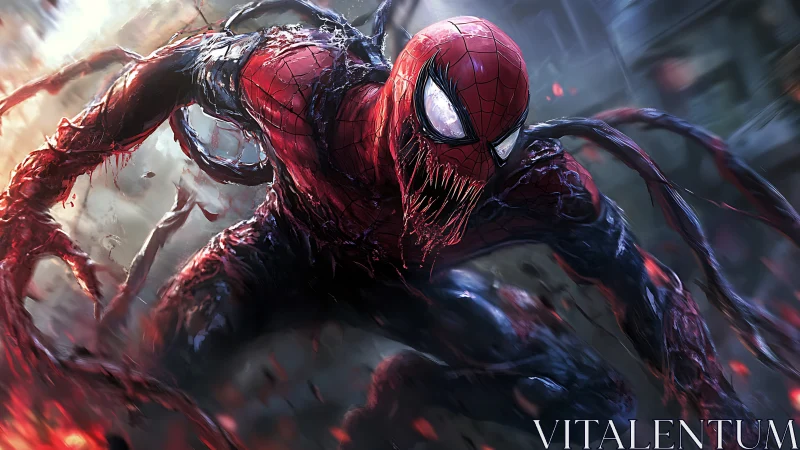 Symbiotic web hero lunges forward through burning city chaos