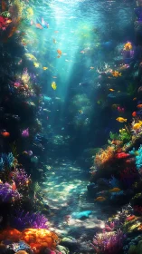 Sunlit coral canyon with vivid reef fish and dappled seafloor.