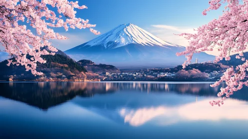 Springtime calm beneath a snow-crowned mountain mirror.