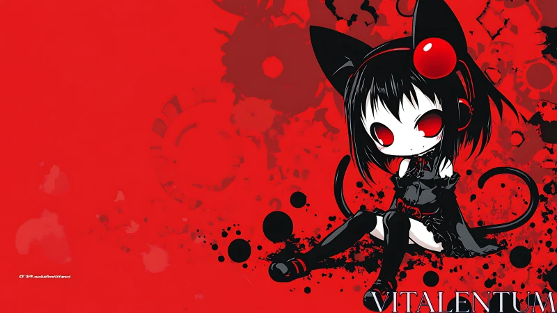 Crimson catgirl chibi broods in inky splatter twilight.