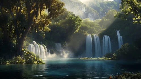 Sunlit jungle waterfalls descend into a tranquil blue lagoon