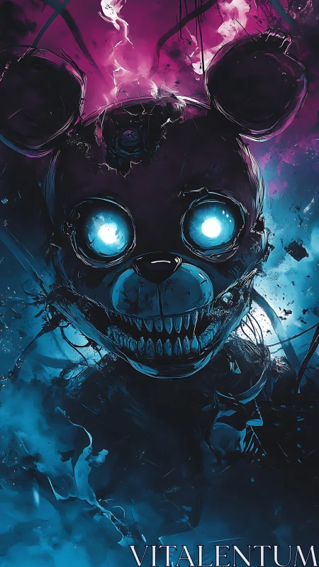 Sinister glowing bear skull in vivid neon mist artwork.