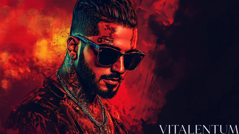 Tattooed man in sunglasses rendered in red digital painting