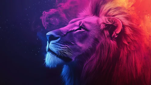 Neon lion portrait glows in vibrant cosmic gradients.