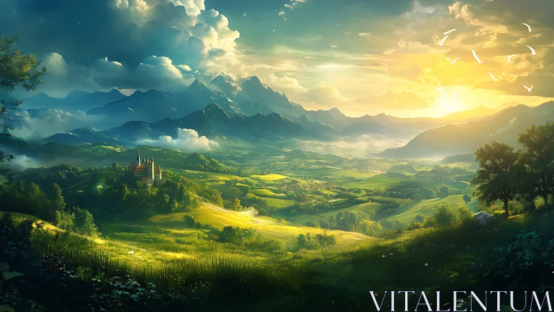Sunlit valley landscape with distant castle and mountains.