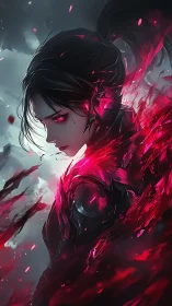 Dark warrior channels crimson energy shards mid-storm.