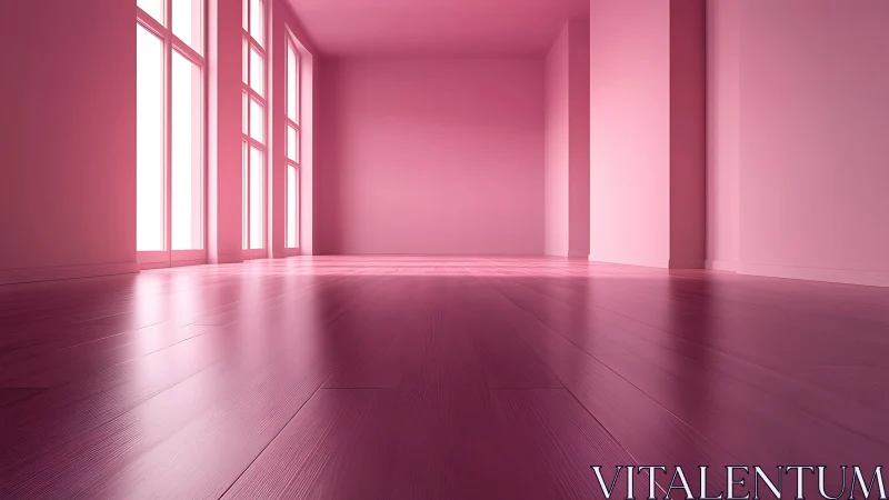 Monochrome magenta interior with reflective plank flooring.