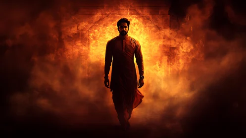 Central male figure walks through backlit inferno with cinematic volumetric smoke