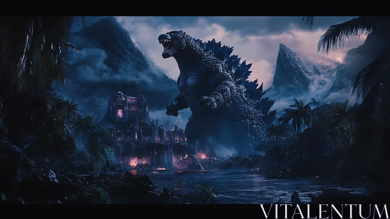 Giant reptilian creature amid ruined fortress and jungle.