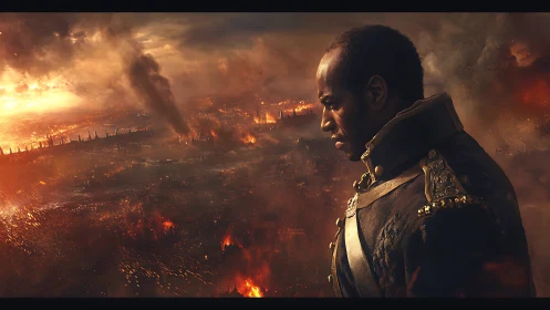 Reflective commander watching a burning city at sunset.