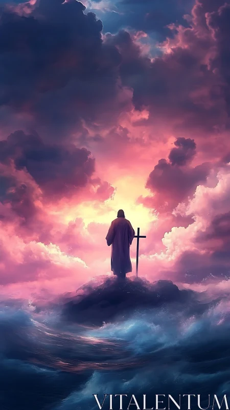 Solitary robed figure guards cross beneath blazing dawn sky.