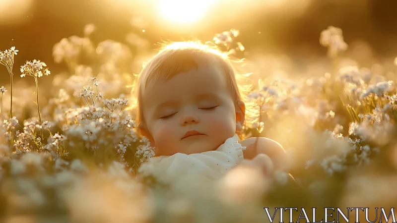 Sunlit infant dreaming peacefully in glowing wildflower field.