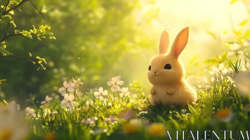 Sunlit meadow bunny amid glowing spring blossoms.
